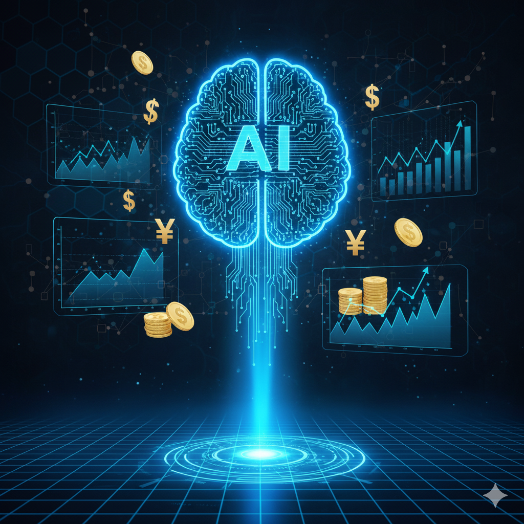 인공지능(AI) 두뇌와 투자 차트, 통화 기호들이 어우러진 이미지로, AI 관련 ETF 투자를 상징합니다.