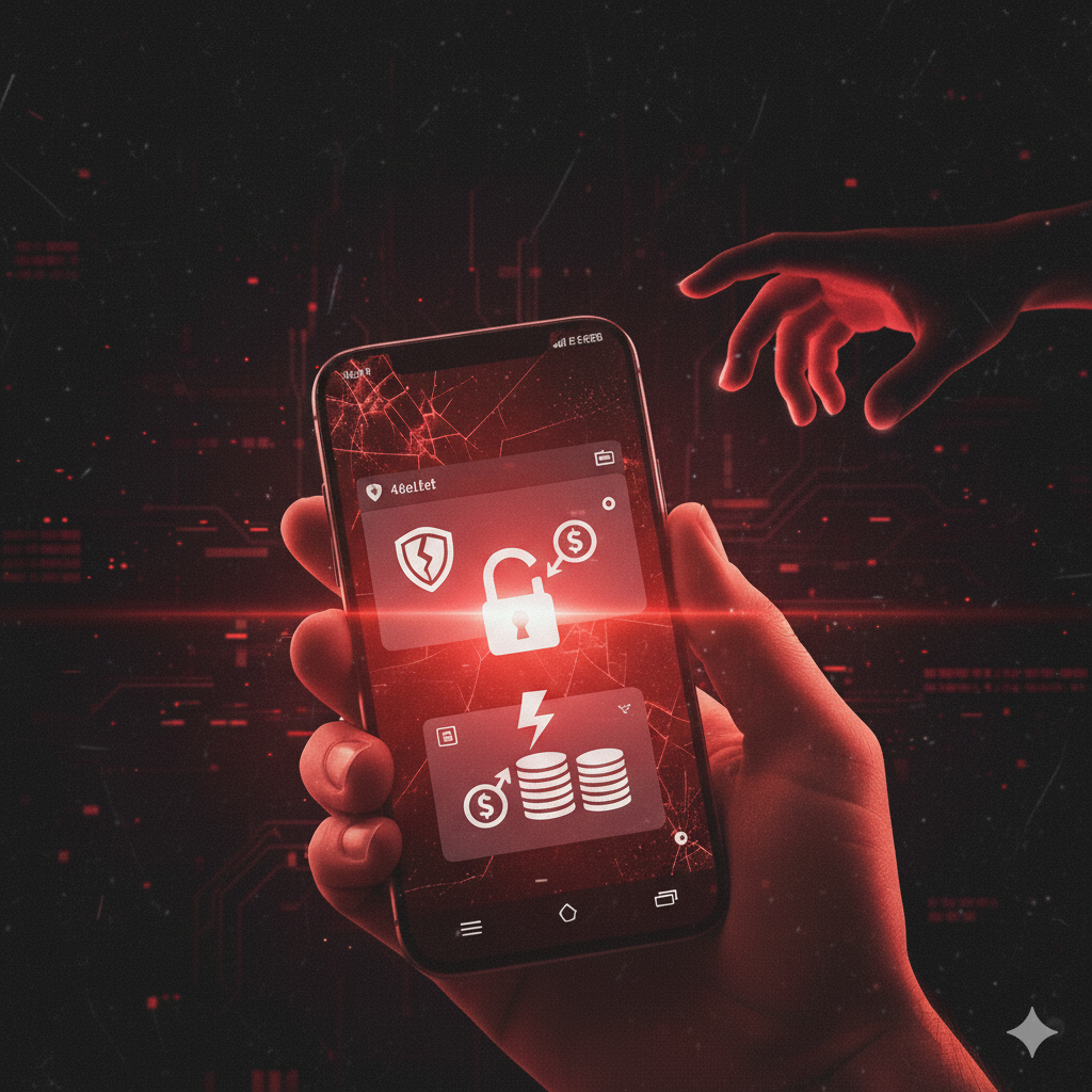 휴대폰 화면에 자물쇠가 깨지고 돈이 유출되는 모습. 소액결제 사기 위험을 나타냄.