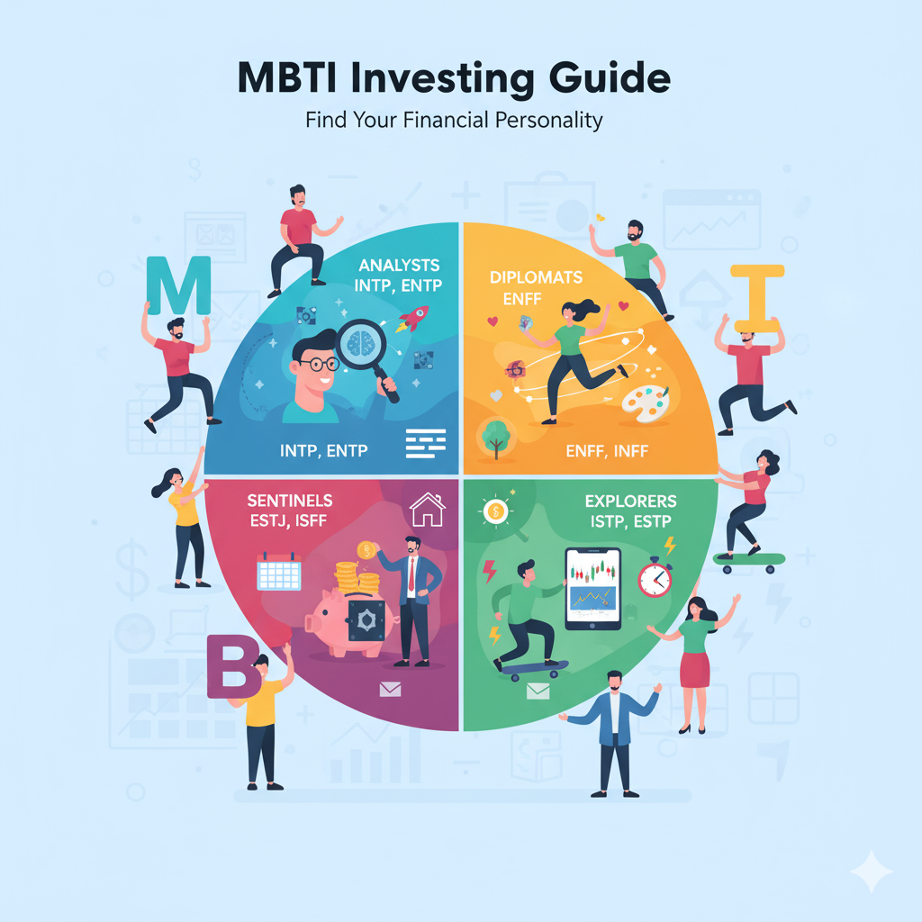 MBTI 성격 유형별 재테크를 표현한 이미지. 원형 차트를 중심으로 다양한 인물들이 서 있고, 돈, 주식 차트, 노트북 등 재테크 관련 아이콘들이 조화롭게 배치되어 있습니다.