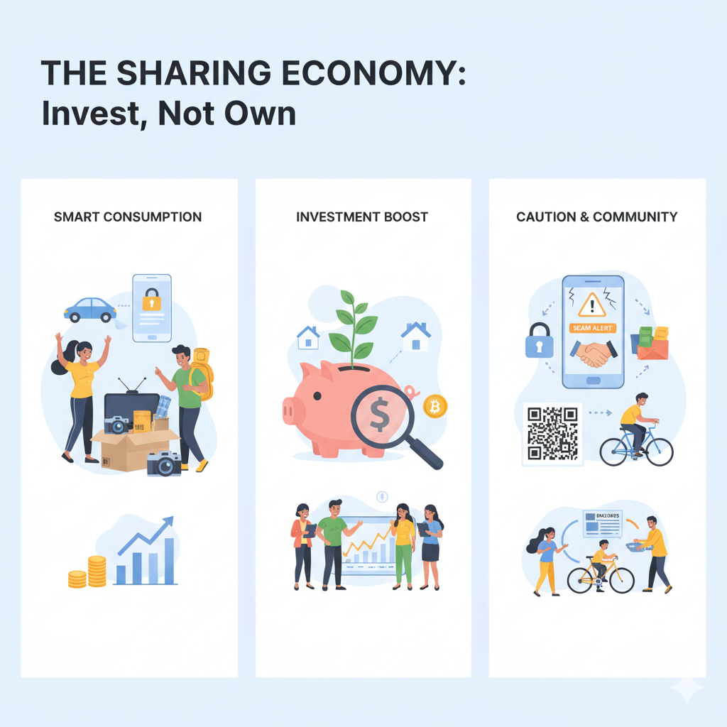 공유 경제를 통해 절약하고 투자하는 모습을 담은 이미지