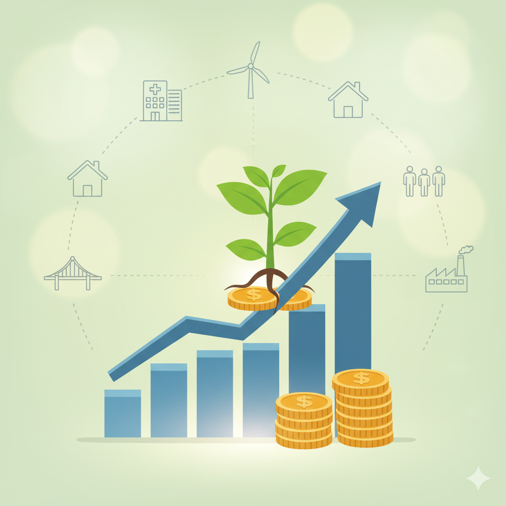 성장하는 새싹, 막대 그래프, 돈을 상징하는 동전 더미와 다양한 산업 아이콘.