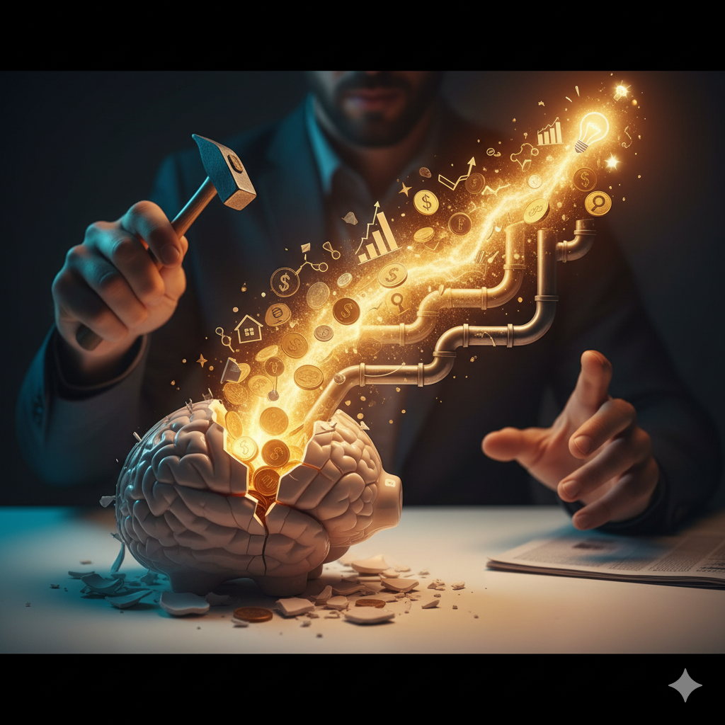 망치로 뇌 모양 저금통을 깨자, 돈과 아이디어를 상징하는 빛이 솟아오르는 이미지.