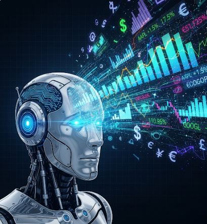 로봇의 머리가 보이는 이미지로, 로봇의 머리에는 회로 패턴이 새겨져 있고 눈은 푸르게 빛납니다. 로봇의 머리 옆에는 주식 차트, 주가, 화폐 기호, 주식 코드 등이 푸른색 빛을 내며 홀로그램처럼 떠 있습니다.
