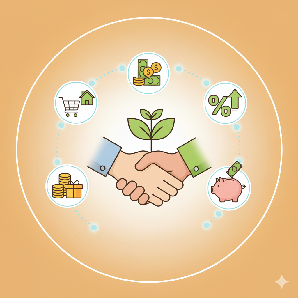 서로 손을 맞잡고 있는 사람들과 함께 돈이 오가는 모습. 상생 소비와 페이백을 상징.