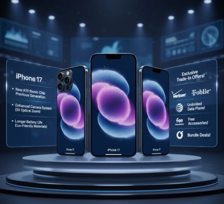 어두운 기술적인 배경에 세 개의 아이폰 17 모델이 서 있고, 주요 기능과 통신사 혜택을 보여주는 사용자 인터페이스 패널이 함께 있습니다.