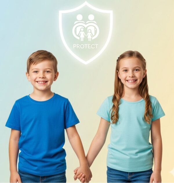 손을 맞잡고 카메라를 보며 환하게 웃고 있는 남자아이와 여자아이. 그들 위로 가족을 상징하는 보호막 모양의 아이콘이 밝게 빛나고 있다.