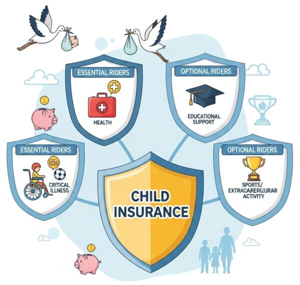 자녀보험의 핵심 특약들을 방패 형태로 시각화하여, 아이의 미래를 지키는 보호막이라는 의미를 전달합니다.
