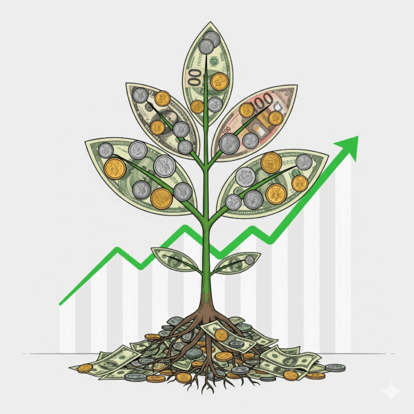 돈나무와 주식 그래프, 재테크 시작의 중요성