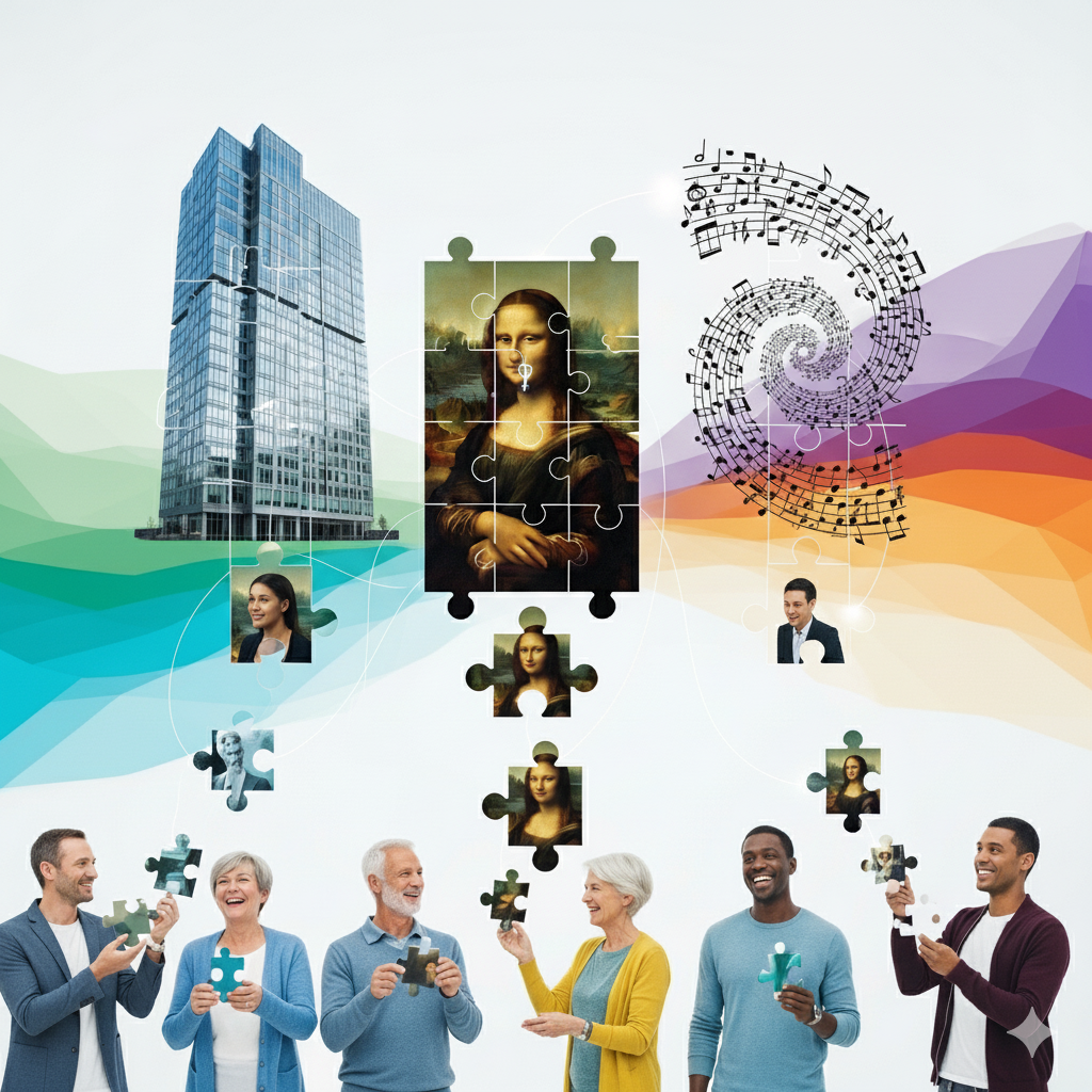 MZ세대 조각투자를 보여주는 이미지. 빌딩, 모나리자 퍼즐, 악보를 통해 다양한 자산에 소액 투자하는 사람들을 표현