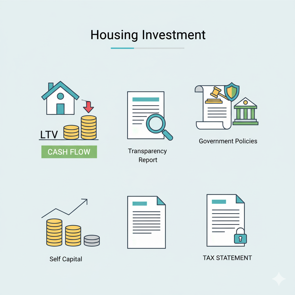 현금 유동성, 투명성, 정부 정책, 자기자본, 세금, 시장 감독을 상징하는 아이콘들