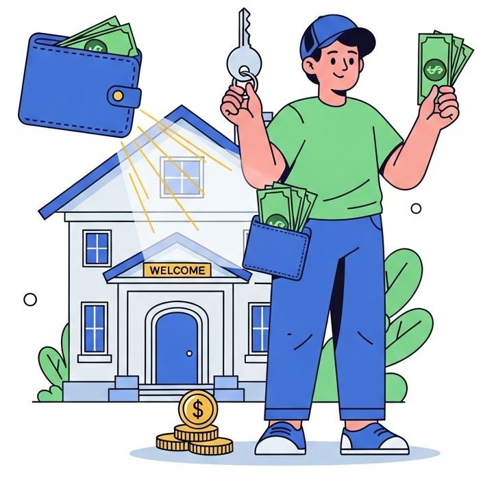 청년이 손에 월세 계약서와 돈을 들고 있는 모습