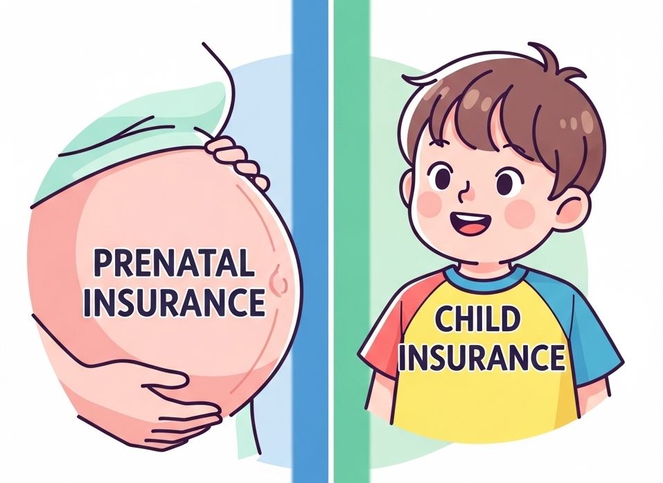 태아보험과 자녀보험의 차이를 임산부의 배와 성장한 아이로 비교해서그려진 그림