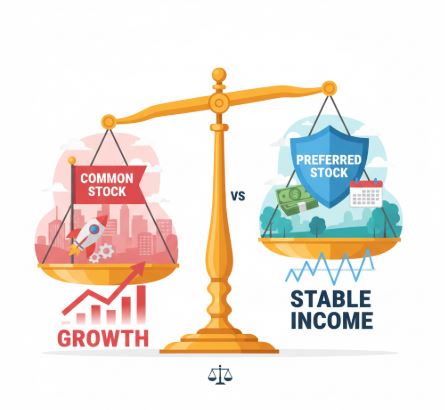 고전적인 천칭 저울이 중앙에 있으며, 왼쪽 접시에는 'COMMON STOCK'(보통주)라고 쓰인 화살표가 위를 향하는 큰 금괴가 놓여 있고, 오른쪽 접시에는 'PREFERRED STOCK'(우선주)라고 쓰인 방패 모양의 금괴가 놓여 있어 안정감과 배당을 상징하며 균형을 이루고 있습니다.
