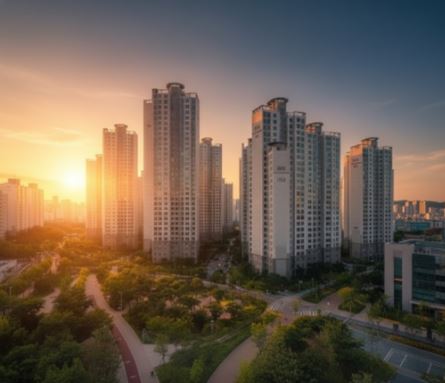가을 단풍이 든 잠실 아파트 단지 산책로에서 손을 잡고 걷는 노부부의 뒷모습