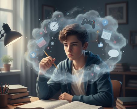 조용한 ADHD로 실행력과 집중력에 어려움을 겪는 고등학생의 모습. 공부를 시작하려 하지만 마음속에서 수많은 생각이 얽혀 있는 장면을 표현한 이미지.