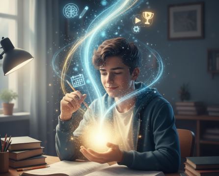 책상에 앉아 연필을 쥔 채 깊은 생각에 잠겨있는 고등학생. 머리 위로는 잡념(시계, 게임 컨트롤러, 소셜 미디어 아이콘 등)이 연기처럼 피어오르지만, 책상 위의 스탠드 조명과 열린 책에 집중하려는 의지를 함께 보여줍니다.