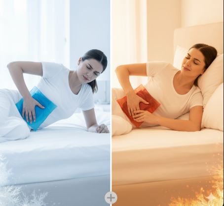 허리 삐끗 시 대처법을 보여주는 비교 이미지. 왼쪽은 허리에 파란색 냉찜질 팩을 대고 고통스러워하는 모습(급성 통증), 오른쪽은 주황색 온찜질 팩을 대고 찡그리는 모습(만성 통증)을 대비시켜 냉찜질과 온찜질의 올바른 사용 시기를 안내함.